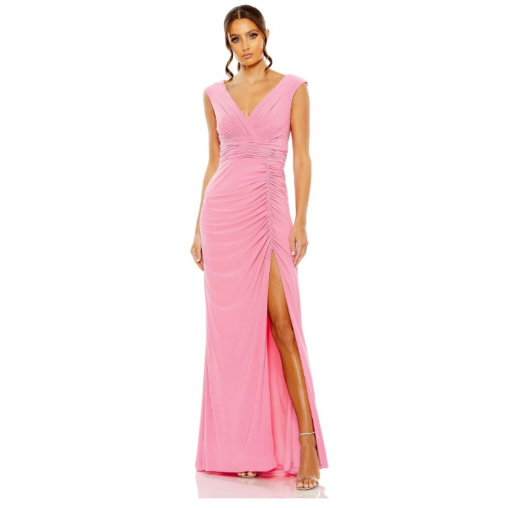 Mac Duggal Ieena Pink Ruched High Slit Formal Maxi Gown Dress 14 NWT